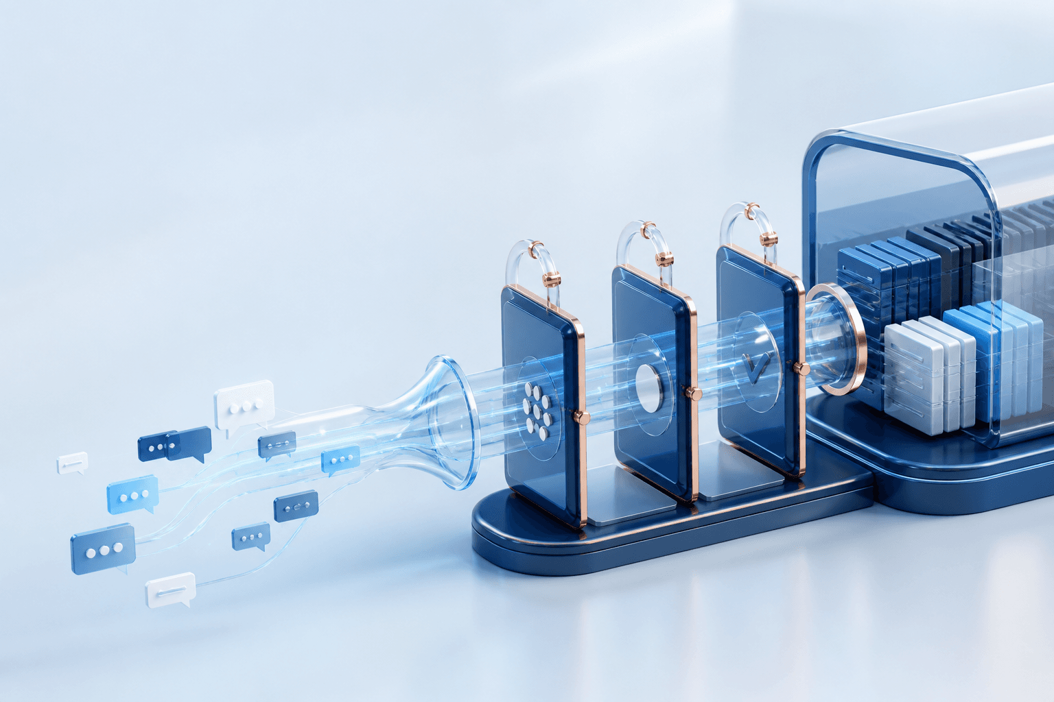 Abstract illustration of messages moving through a controlled automation workflow